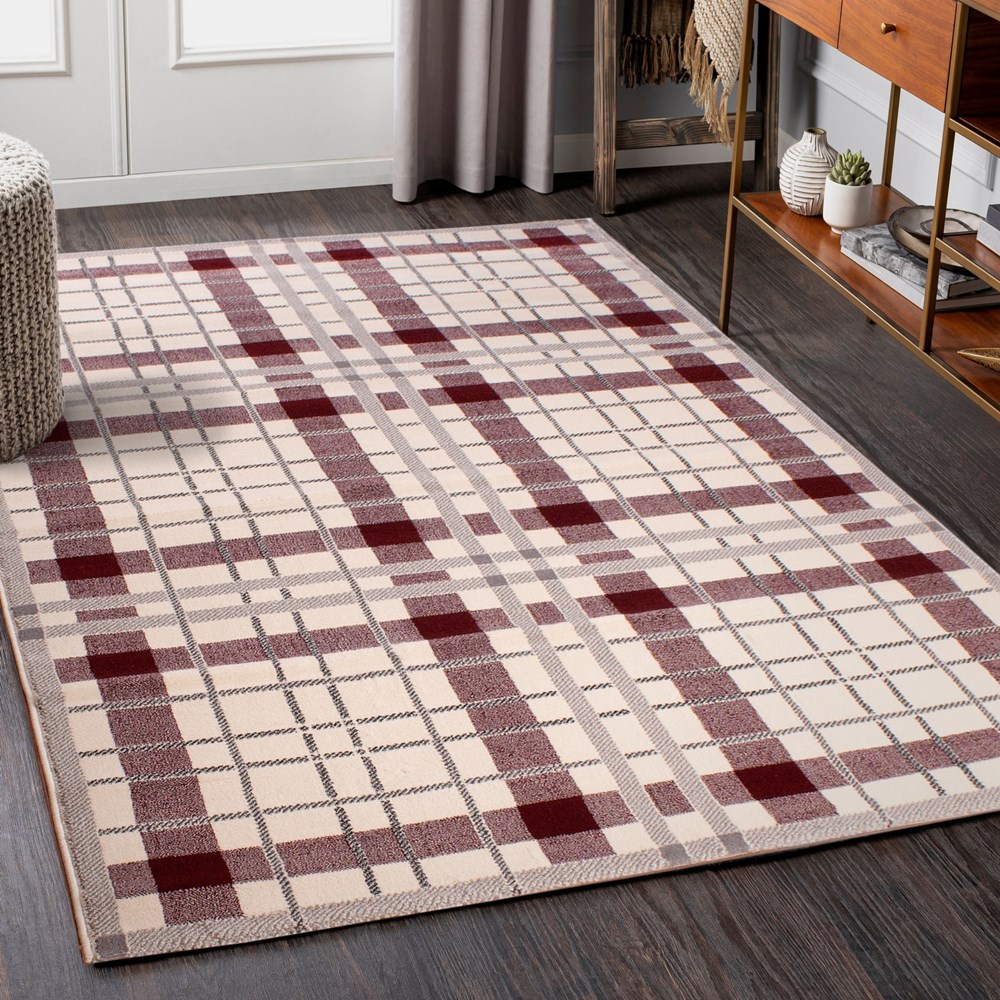 Tartan Check Modern Rugs in Cream Red